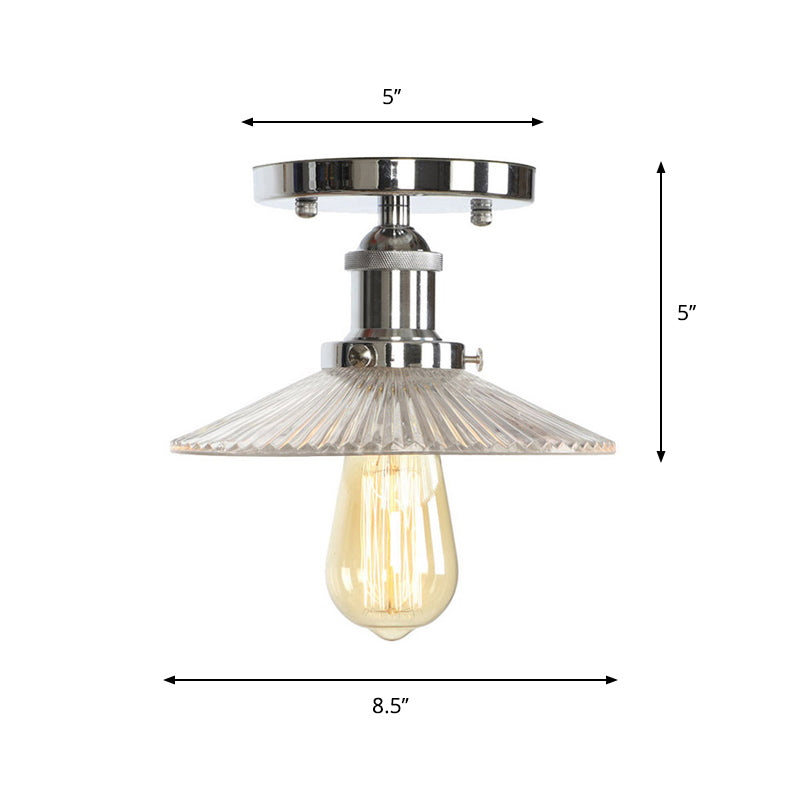Clear Ribbed Glass Flushmount Farmhouse Bell - Chrome Ceiling Light
