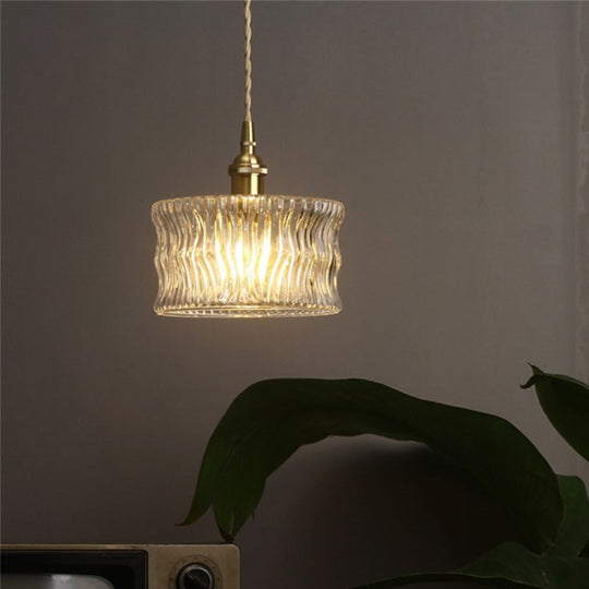 Antique Gold Cylindrical Ribbed Glass Pendant Lamp - Clear Single Ceiling Light For Sitting Room