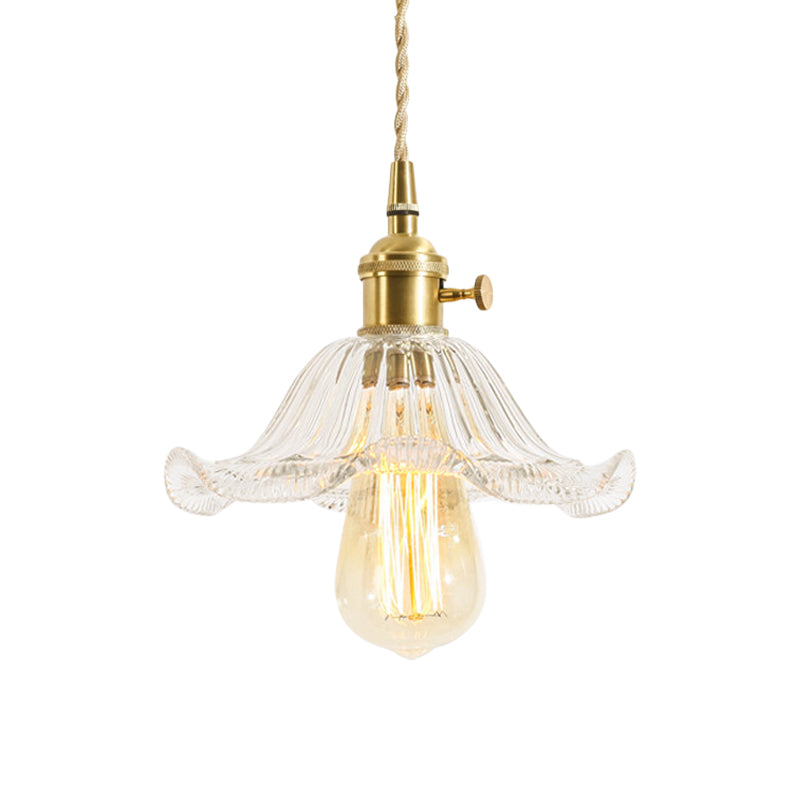 Rustic Brass Floral Hanging Lamp With Clear Ribbed Glass - 1-Light Ceiling Pendant For Table