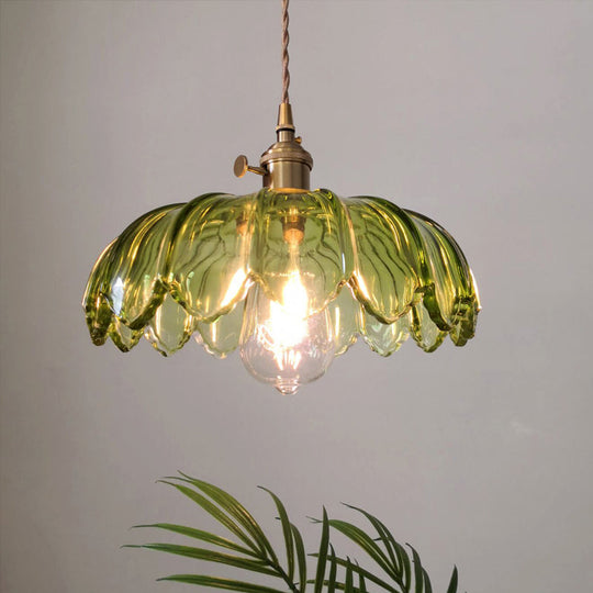 Chiara - Vintage Brass Pendant Light With Green Glass Scalloped Shade