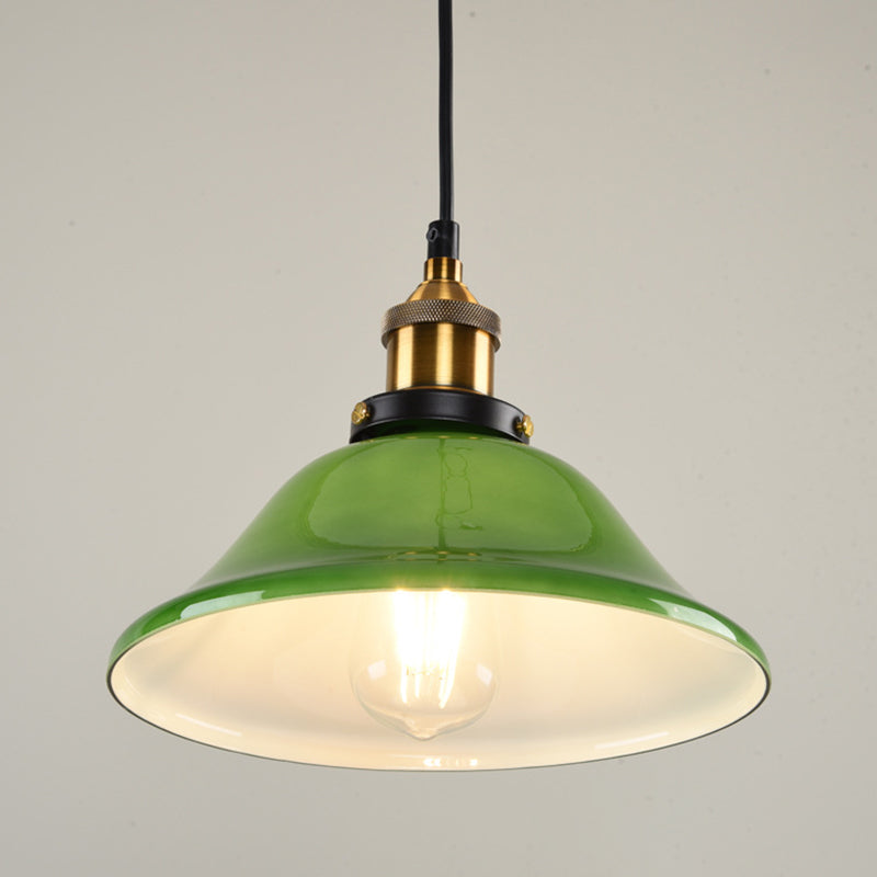 1-Light Vintage Brass Green Glass Pendant Hanging Light Fixture 8’/10’ Width – Perfect For