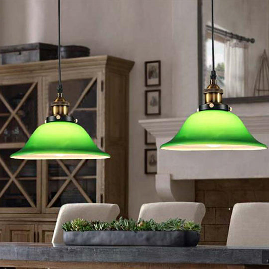 1-Light Vintage Brass Green Glass Pendant Hanging Light Fixture 8’/10’ Width – Perfect For