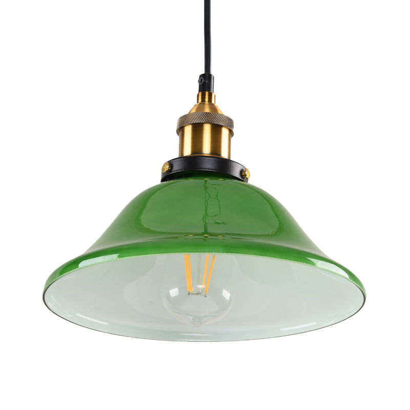 1-Light Vintage Brass Green Glass Pendant Hanging Light Fixture 8’/10’ Width – Perfect For