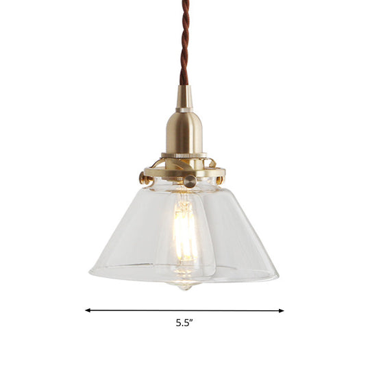 Glass Brass Pendant Lamp - Rustic Cone Design With Clear Sleek/Ribbed Finish 1 Light Down Lighting