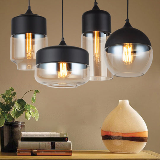 Modern Black Pendant Light Fixture With Clear Glass Cylinder/Mason Jar Design - Perfect For Table
