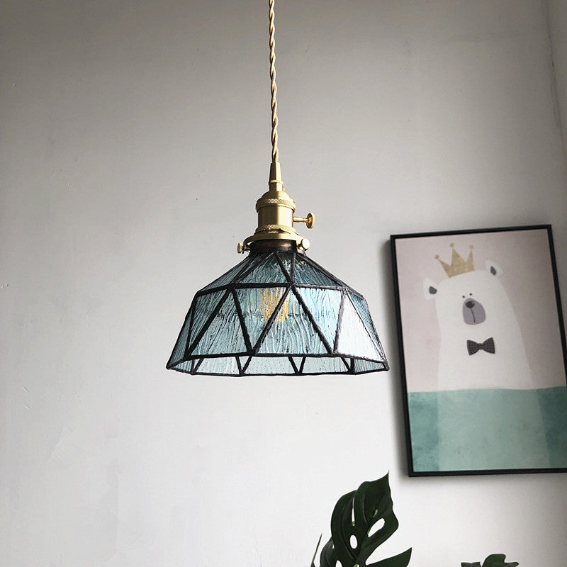 Blue/Clear Textured Glass Pendant With Brass Accents - Country Style Hanging Ceiling Light