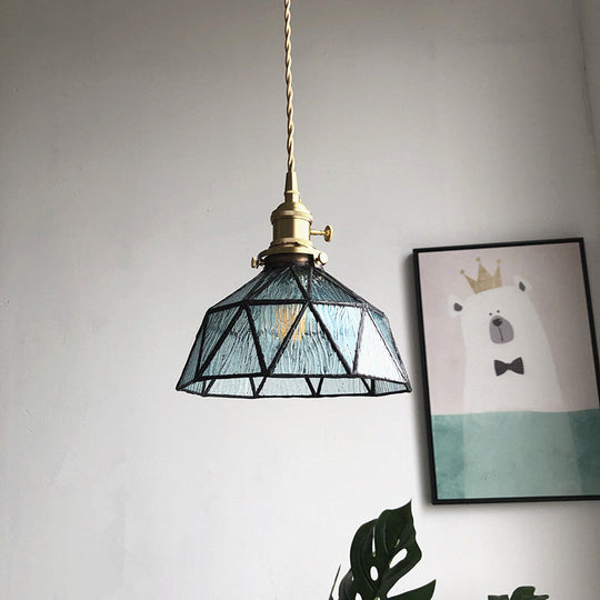 Blue/Clear Textured Glass Pendant With Brass Accents - Country Style Hanging Ceiling Light