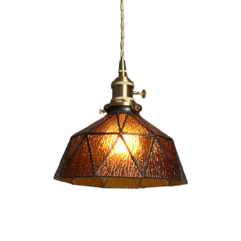 Blue/Clear Textured Glass Pendant With Brass Accents - Country Style Hanging Ceiling Light