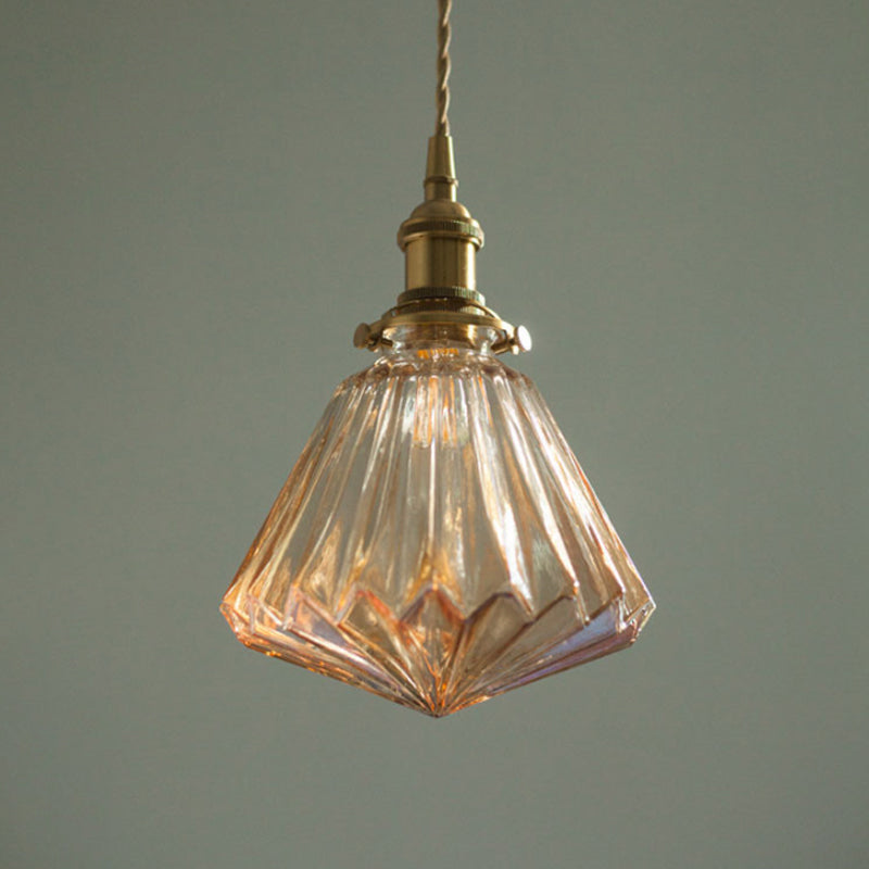 Rustic Brass 1-Light Pendant With Clear Glass Shade - Hanging Cone Drop Lamp