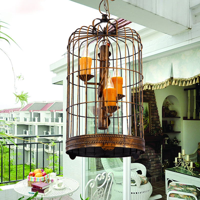 Vintage Countryside Chandelier Lamp With Amber Drop Pendant And Resin Bird Cage