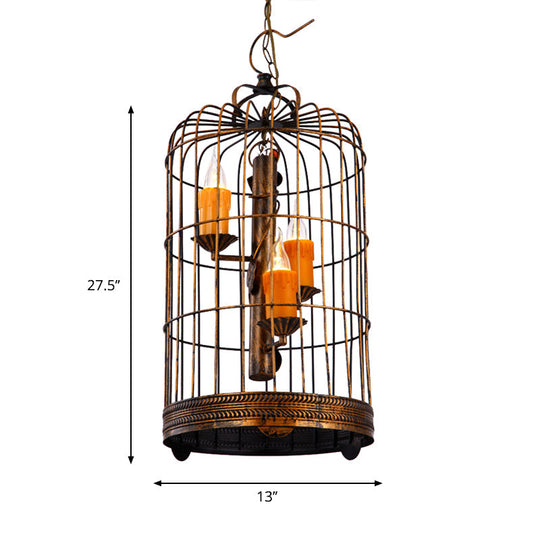 Vintage Countryside Chandelier Lamp With Amber Drop Pendant And Resin Bird Cage