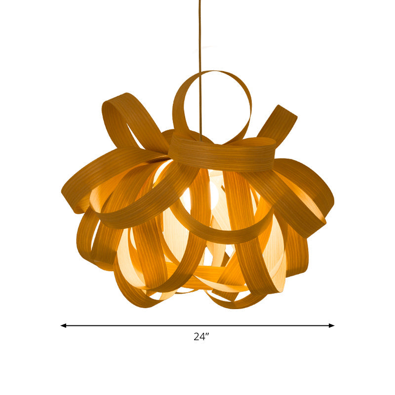 Contemporary Wooden Pendant Lamp - 1 Light Beige 18’/23.5’ Width Living Room Hanging