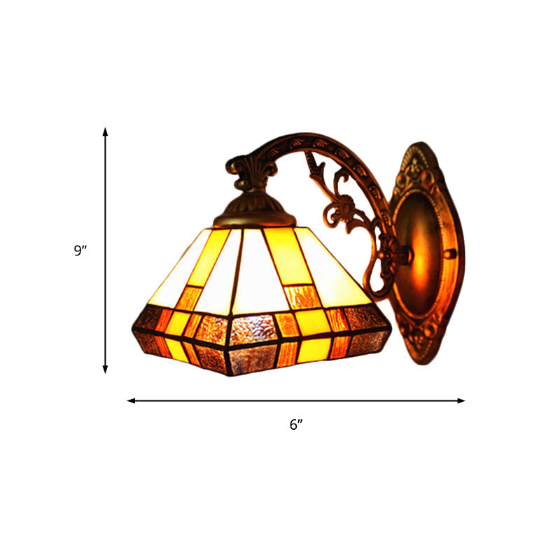 Mission Style Stained Glass Mini Wall Sconce Light In Antique Brass - Tapered Lighting