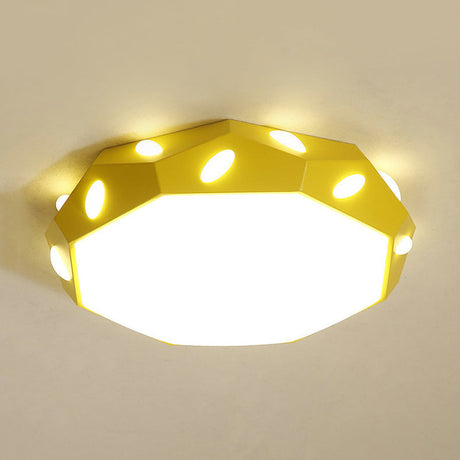 Kids Bedroom Octagon Shade Flush Ceiling Light With Leaf Macaron Design - Acrylic Led Lamp