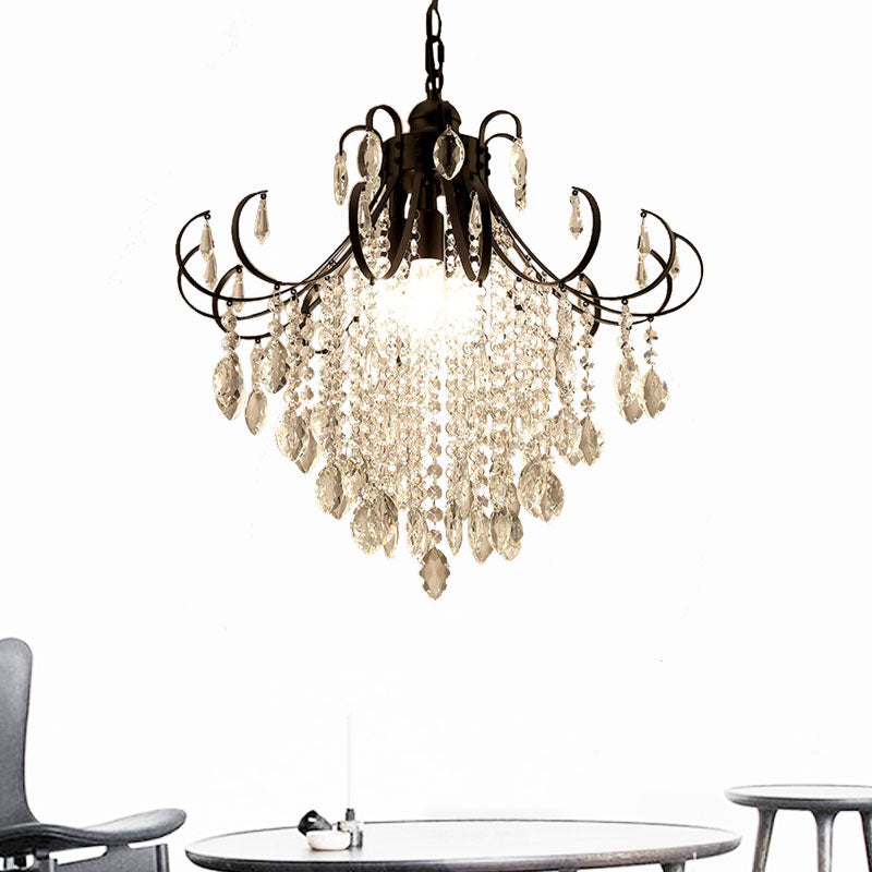 Glam Teardrop Pendant Light With Metal Curved Arm And Cascading Crystal Strands
