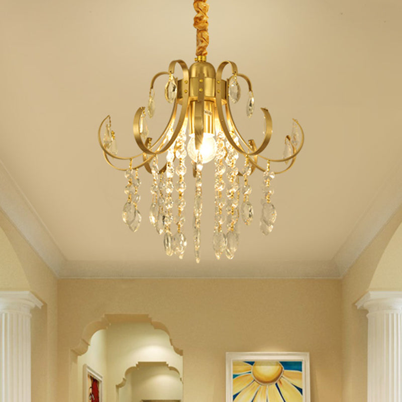 Glam Teardrop Pendant Light With Metal Curved Arm And Cascading Crystal Strands