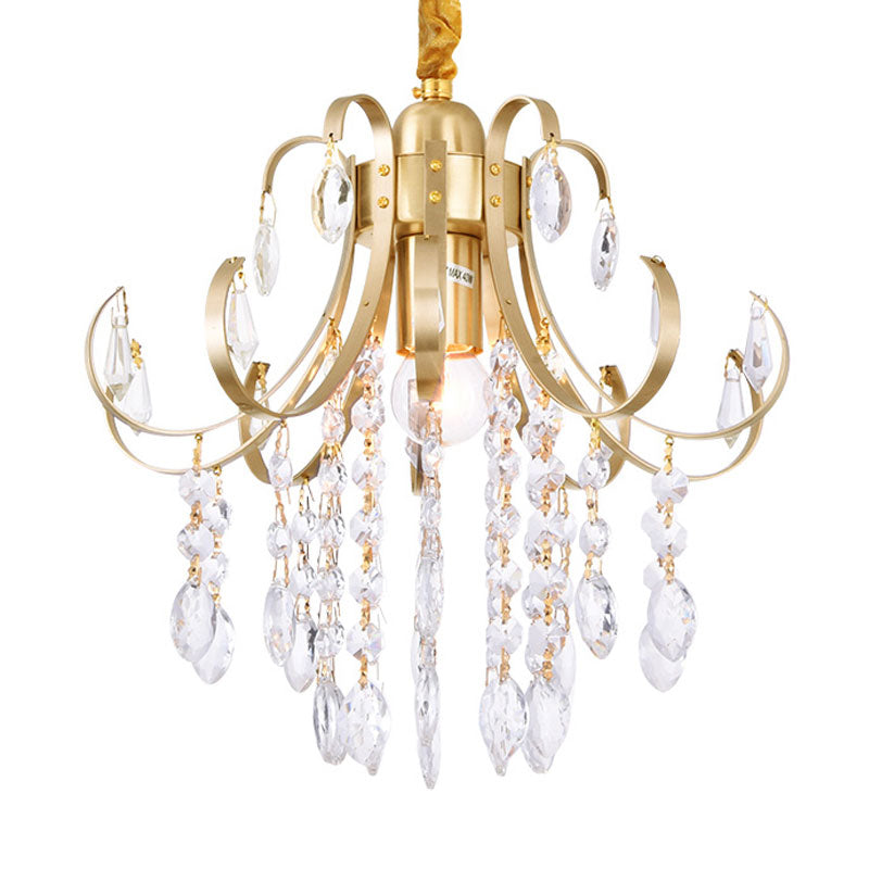 Glam Teardrop Pendant Light With Metal Curved Arm And Cascading Crystal Strands