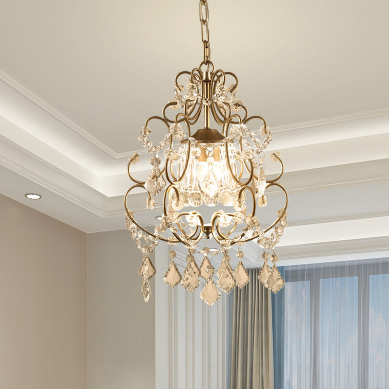 Brass Finish Crystal Chandelier With Lantern Curving Arm And Elegant Draping