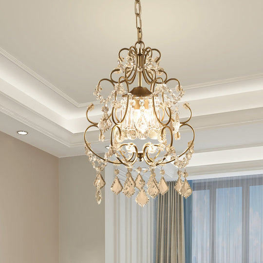 Brass Finish Crystal Chandelier With Lantern Curving Arm And Elegant Draping
