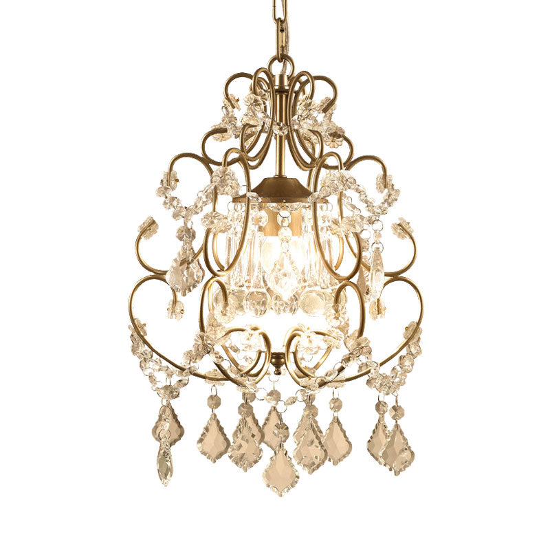 Brass Finish Crystal Chandelier With Lantern Curving Arm And Elegant Draping