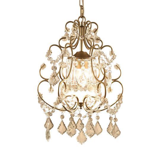 Brass Finish Crystal Chandelier With Lantern Curving Arm And Elegant Draping