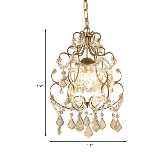 Brass Finish Crystal Chandelier With Lantern Curving Arm And Elegant Draping