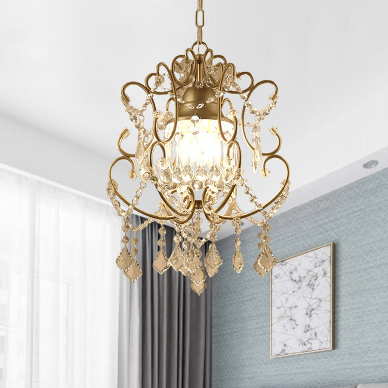 Curving Arm Crystal Chandelier With Lantern Design – Brass Finish & Draping