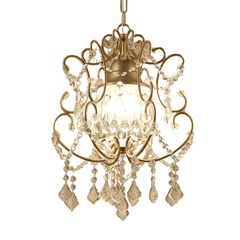 Brass Finish Crystal Chandelier With Lantern Curving Arm And Elegant Draping