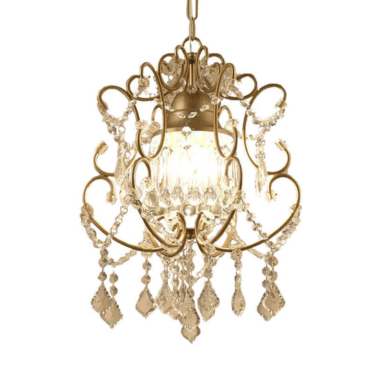 Brass Finish Crystal Chandelier With Lantern Curving Arm And Elegant Draping