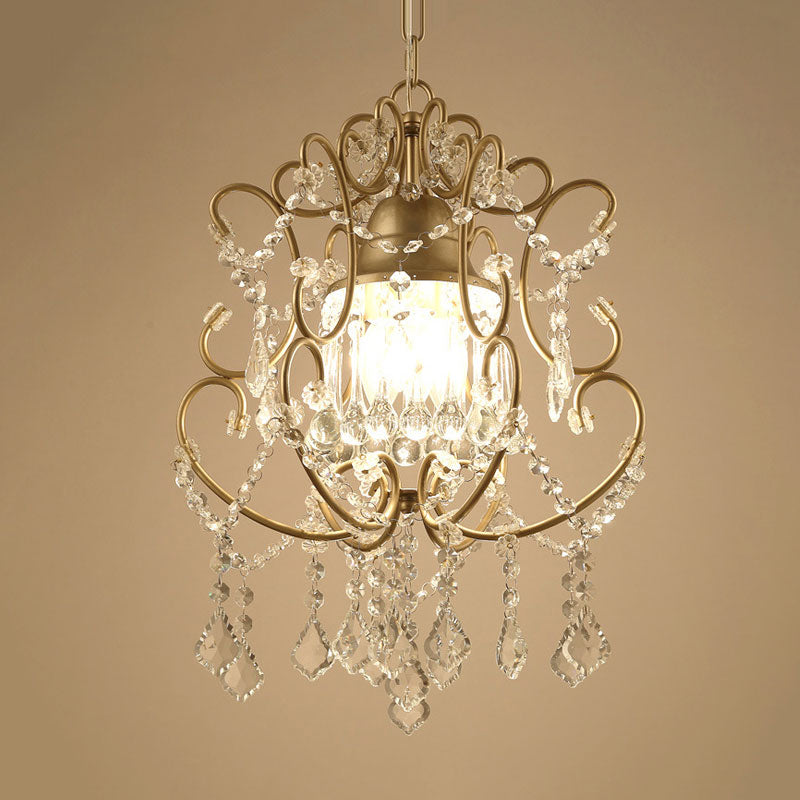 Brass Finish Crystal Chandelier With Lantern Curving Arm And Elegant Draping