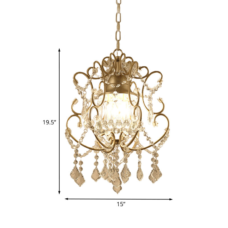 Brass Finish Crystal Chandelier With Lantern Curving Arm And Elegant Draping
