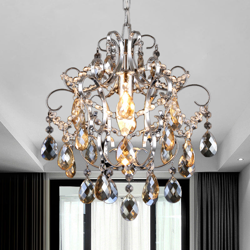 Polished Chrome Crystal Chandelier With Curved Arms Amber