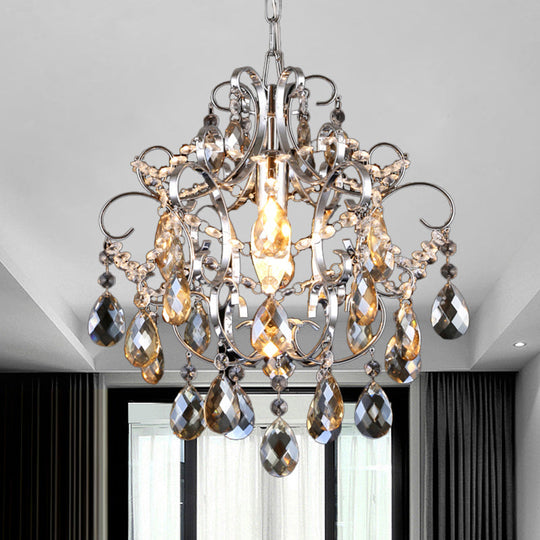 Polished Chrome Crystal Chandelier With Curved Arms Amber