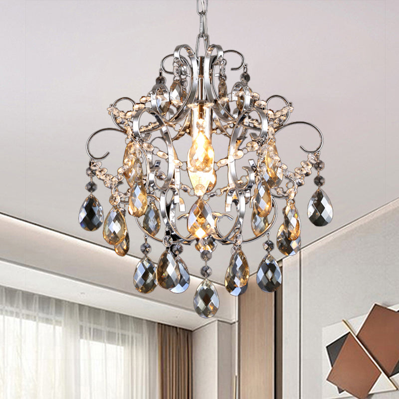 Polished Chrome Crystal Chandelier With Curved Arms