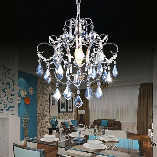 Polished Chrome Crystal Chandelier With Curved Arms Blue