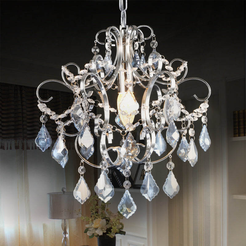 Curved Arm Crystal Drops Chandelier In Polish Chrome Finish
