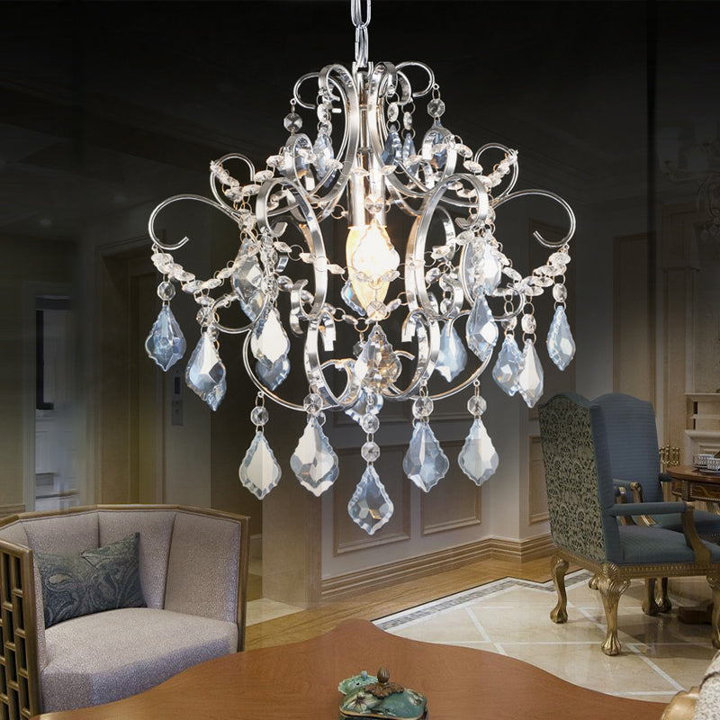 Curved Arm Crystal Drops Chandelier In Polish Chrome Finish