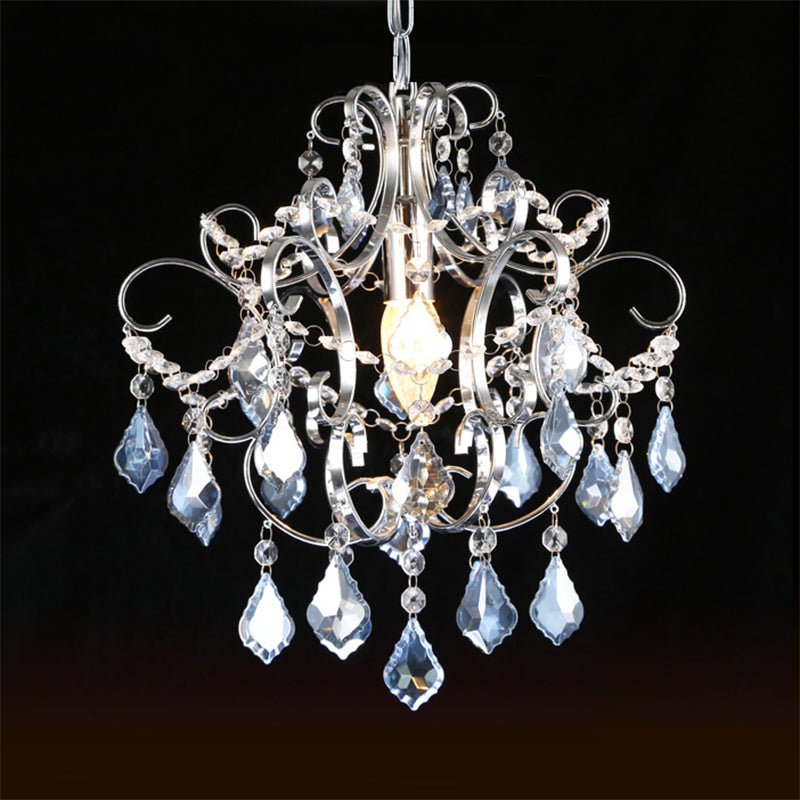 Curved Arm Crystal Drops Chandelier In Polish Chrome Finish