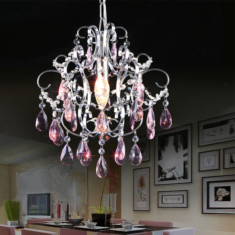Polished Chrome Crystal Chandelier With Curved Arms Pink