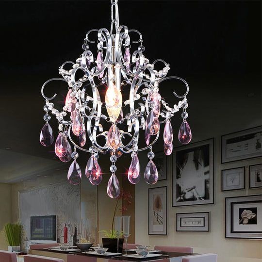 Polished Chrome Crystal Chandelier With Curved Arms Pink
