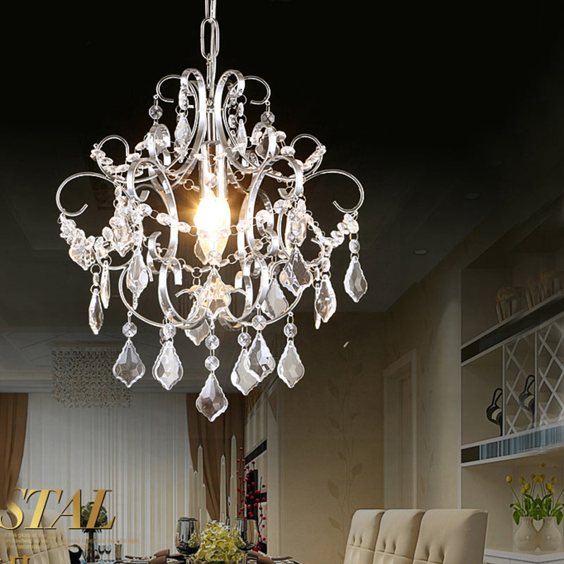 Curved Arm Crystal Drops Chandelier In Polish Chrome Finish