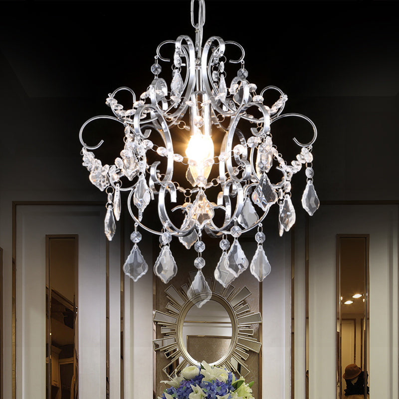 Polished Chrome Crystal Chandelier With Curved Arms