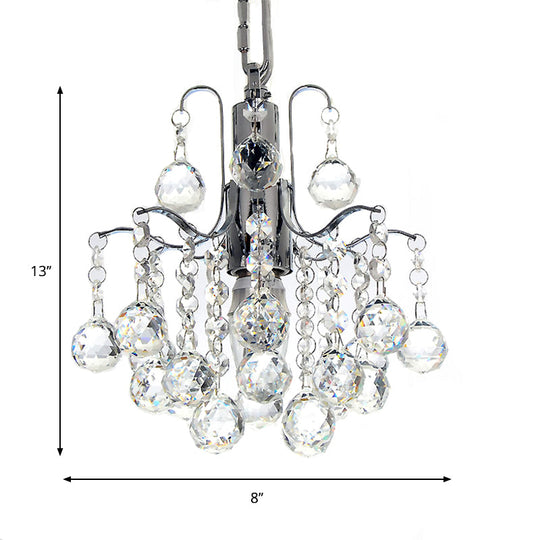 Chrome Finish Crystal Ball Curved Arm Chandelier - Stunning Bare Bulb Lighting