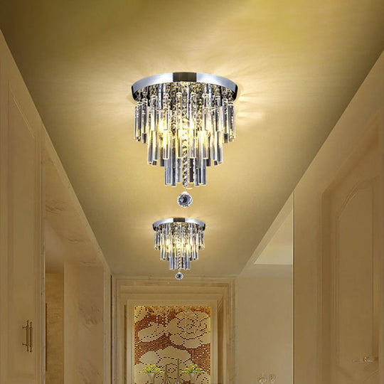 Round Chrome Crystal Bar Flush Mount Ceiling Light - Bare Bulb Flushmount