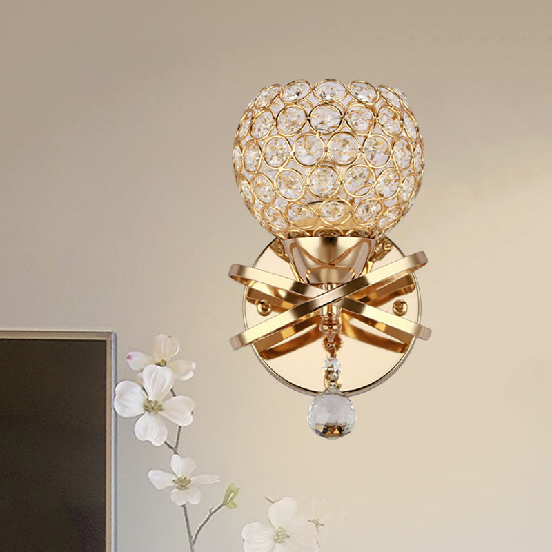 Globe Cutout Metal Shade Crystal Wall Sconce In Gold With Dropped Ball Accent