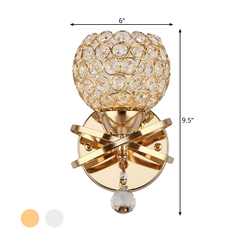 Globe Cutout Metal Shade Crystal Wall Sconce In Gold With Dropped Ball Accent
