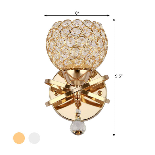 Globe Cutout Metal Shade Crystal Wall Sconce In Gold With Dropped Ball Accent