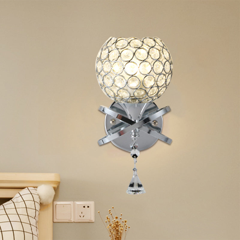 Globe Cutout Metal Shade Crystal Wall Sconce In Gold With Dropped Ball Accent