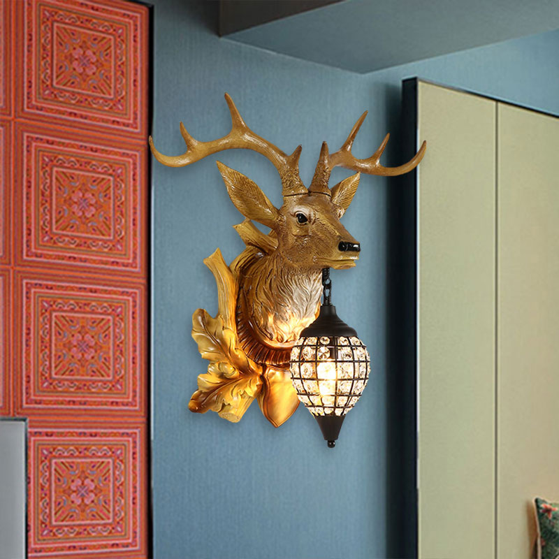 Metal Deer Wall Sconce With Crystal Mesh Cone Shade - Traditional Light Yellow