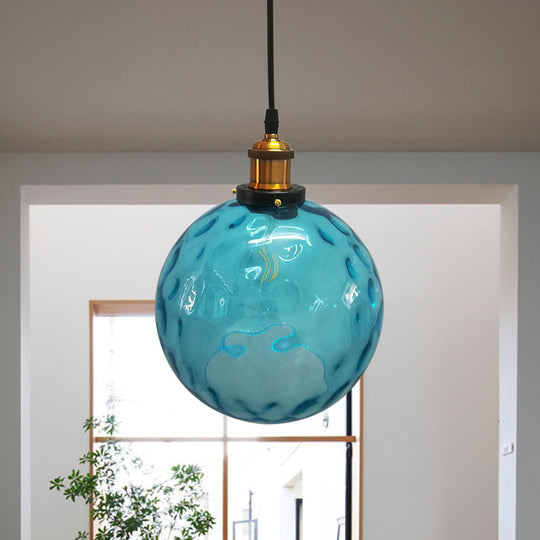 Industrial Globe Pendant Light - Blue Dimpled Glass Hanging Lamp (8’/10’/12’ Wide)